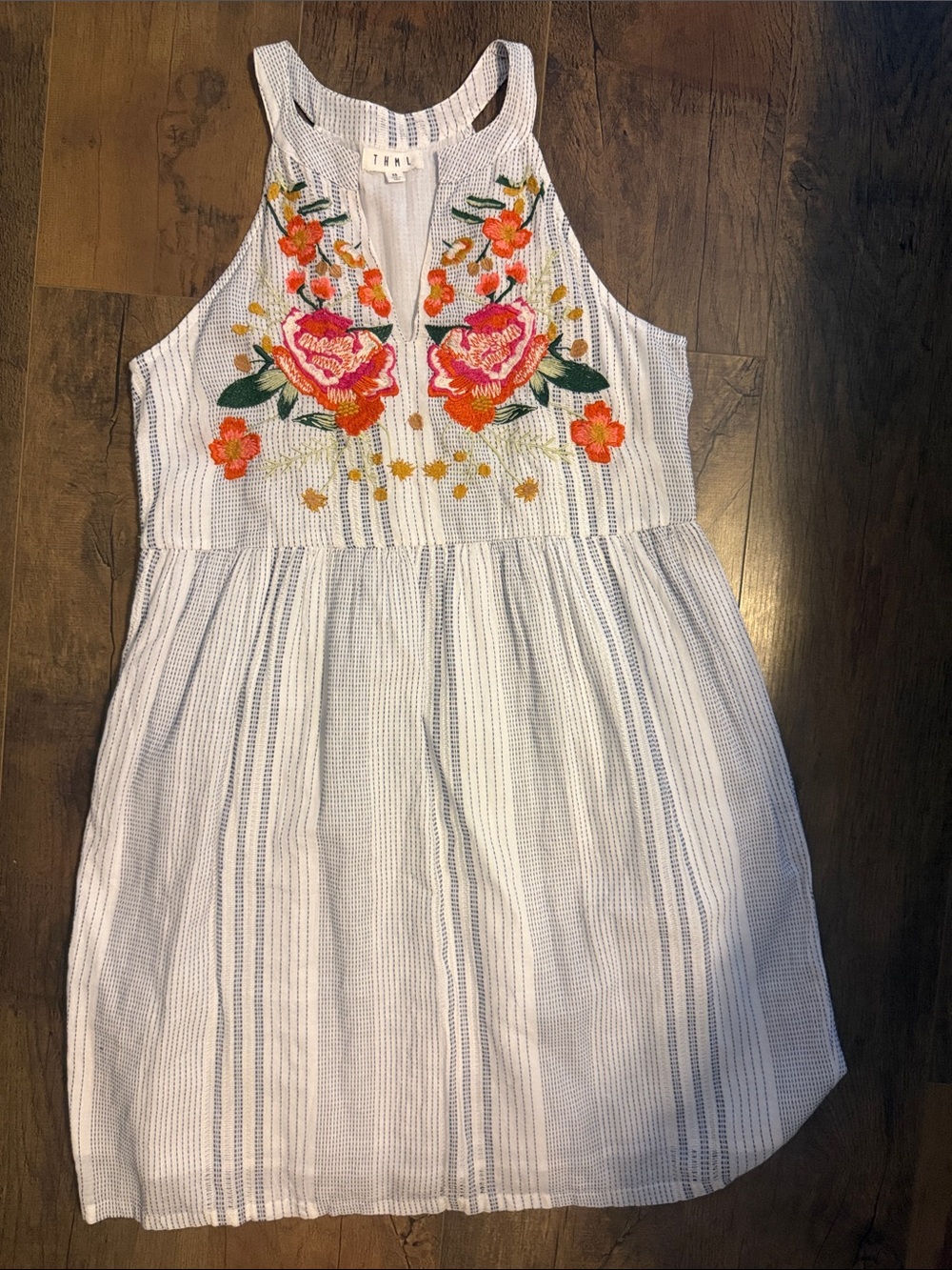 THML White Striped Eyelet Halter Dress with Pink & Orange Floral Embroidery